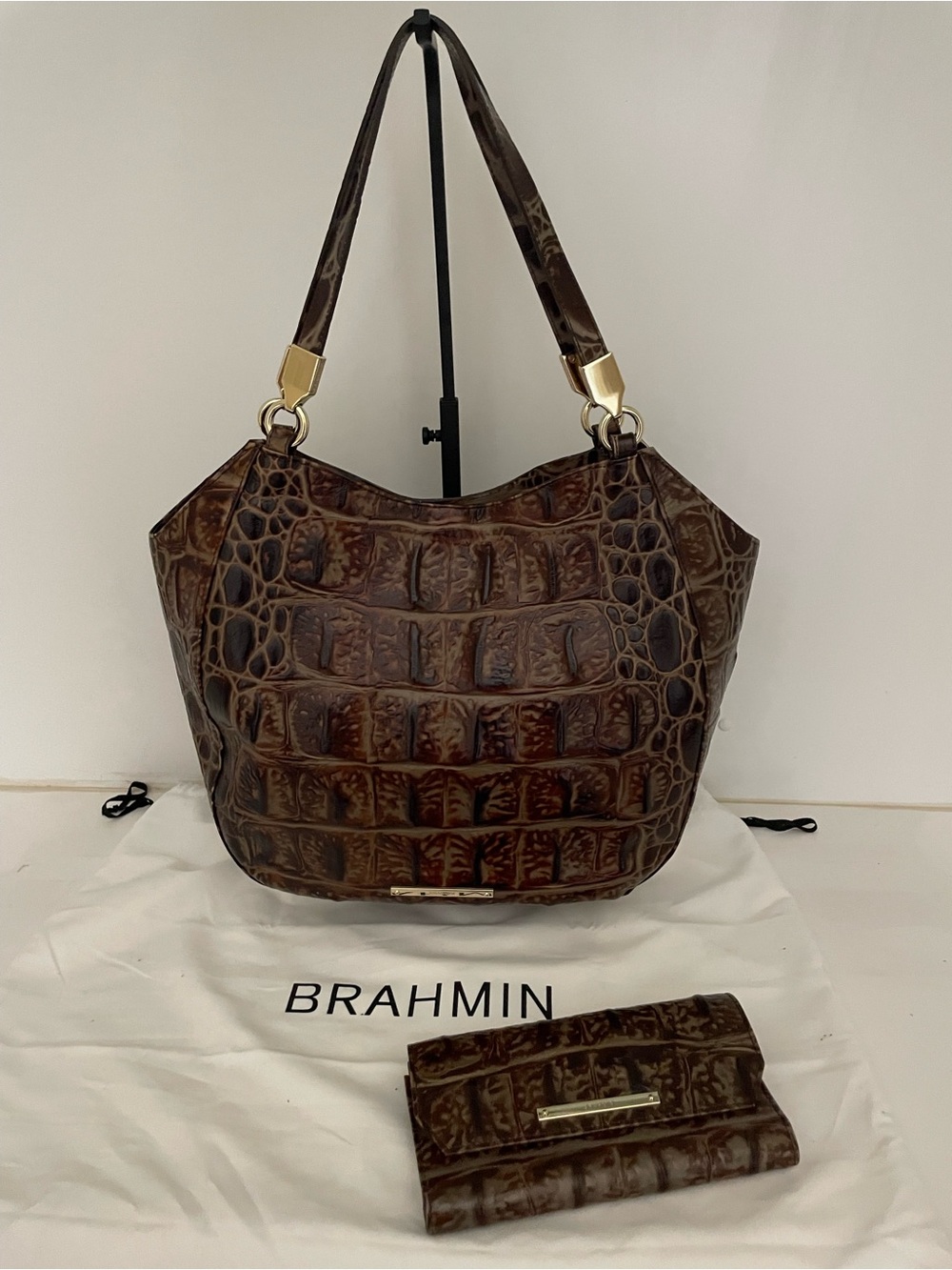 Brahmin Brown Croc-Embossed Leather Hobo Tote with Matching Wallet